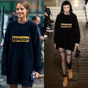 ALEXANDER WANG Tender Slogan Embroidered Sweater Dress in Navy Blue Size Large